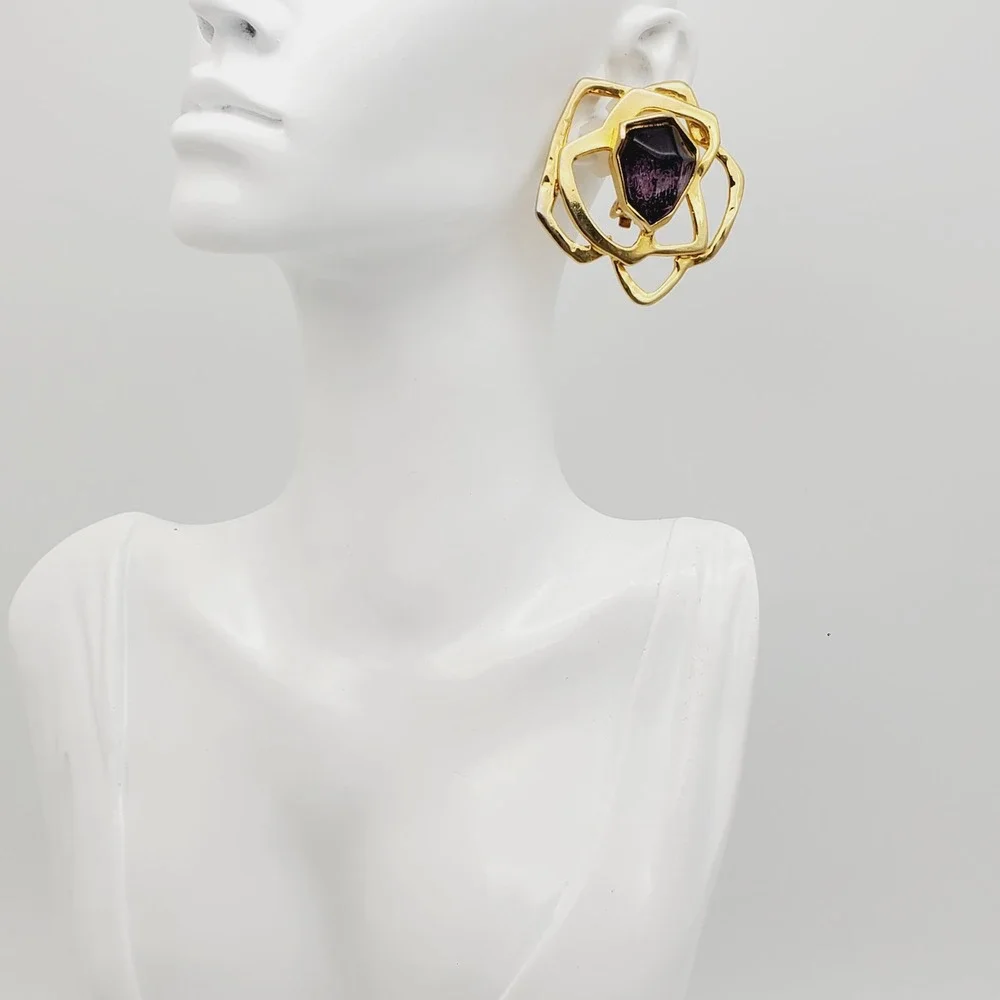 Huge‎ Clip On Earrings Gold Tone Amethyst Purple Acrylic Stone Runway Modernist